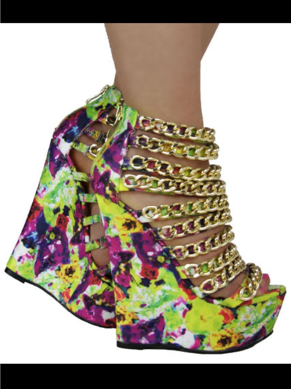 BRAND NEW‼️ Nelly Bernal Bold Floral Neon Wedge Sandals with Gold Chain Straps